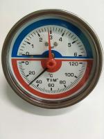Термоманометр 1/2", 6 бар, 120°C, Ø80 мм, осевое (тыльное) подключение + клапан