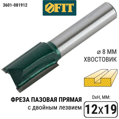 Фреза кромочная FIT пазовая прямая, Ø12 мм, H-19 мм, L-52 мм