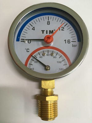 Термоманометр 1/2", 16 бар, 120°C, Ø80 мм, радиальное подключение + клапан