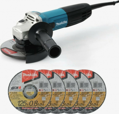 Угловая шлифовальная машина (УШМ) Makita GA5030RX8, в комплекте 5 отрезных дисков 125х0,8 мм