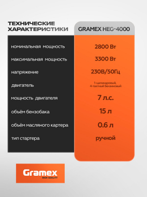 Генератор бензиновый Gramex HEG-4000, 3,3 кВт, бак 15 л, ручной старт, 4Т/АИ92/360г/кВт*ч