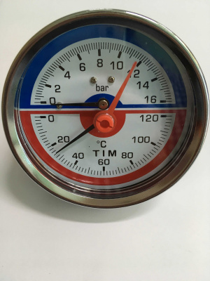 Термоманометр 1/2", 16 бар, 120°C, Ø80 мм, осевое (тыльное) подключение + клапан