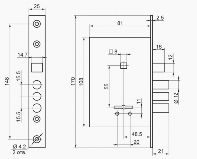 Замок врезной BORDER 3В9-8/13(КПЦ-81), чёрный 76704