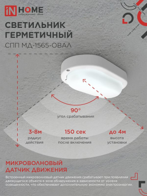Светильник LED IN HOME СПП МД-1565-ОВАЛ, 15 Вт, 6500 К, 1350 лм, IP65, с микроволновым датчиком