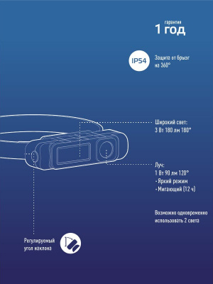 Фонарь налобный аккумуляторный КОСМОС LED KOC510Lit (1 Вт + 3 Вт СОВ, 18650 0,8 Ач)