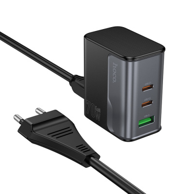 Зарядное устройство сетевое 1хUSB, 2хType-C, 220 В, 70 Вт, чёрное