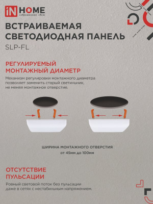 Панель светодиодная IN HOME SLP-FL, 18 Вт, 6500 К, 120х120 мм, 1620 лм, IP20, квадрат
