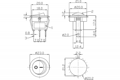 Выключатель круглый, с подсветкой, красный, 20А, 12В, RWB-214 ON-OFF (3с)