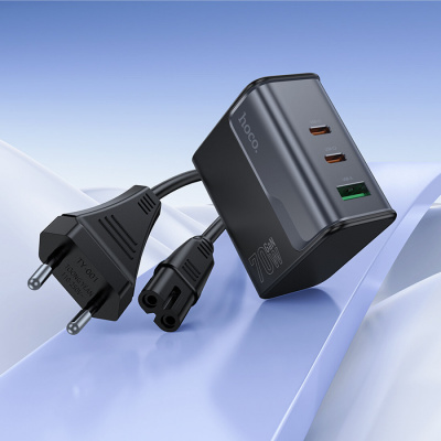 Зарядное устройство сетевое 1хUSB, 2хType-C, 220 В, 70 Вт, чёрное
