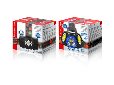 Фонарь налобный аккумуляторный ULTRAFLASH LED E1334, зум 250 м, 4 режима, 3 LED, 4Вт, 2х18650