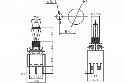 Тумблер MTS-203, малый, 250V, 3A (6с) ON-OFF-ON