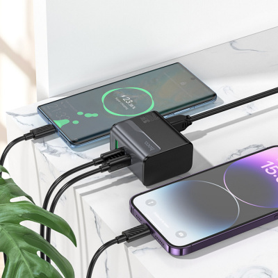Зарядное устройство сетевое 1хUSB, 2хType-C, 220 В, 70 Вт, чёрное