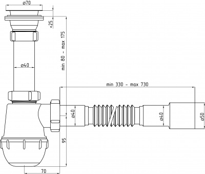 Сифон 1½"x40 мм, с гибкой трубой 40x40/50 мм
