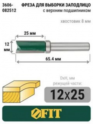 Фреза кромочная FIT для выборки паза заподлицо, верхний подшипник, Ø12 мм, H-25 мм, L-65,4 мм
