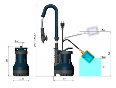 Насос дренажный с гибким изливом на штанге UNIPUMP RAIN Q400, 400 Вт, 67 л/мин, напор - 7 метров
