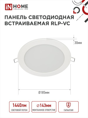 Панель светодиодная IN HOME RLP-VC, 18 Вт, 6500 К, 185 мм, 1440 лм, круг